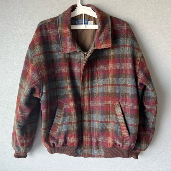 Pendleton vintage brown red autumn plaid 100% wool bomber chore coat Men’s XL - Picture 1 of 7